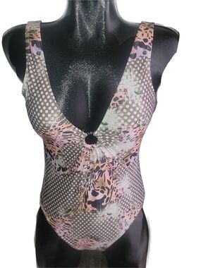 Emme Jordan Polka Dot & Leopard Print One-Piece Swimsuit in Pink and Taupe M